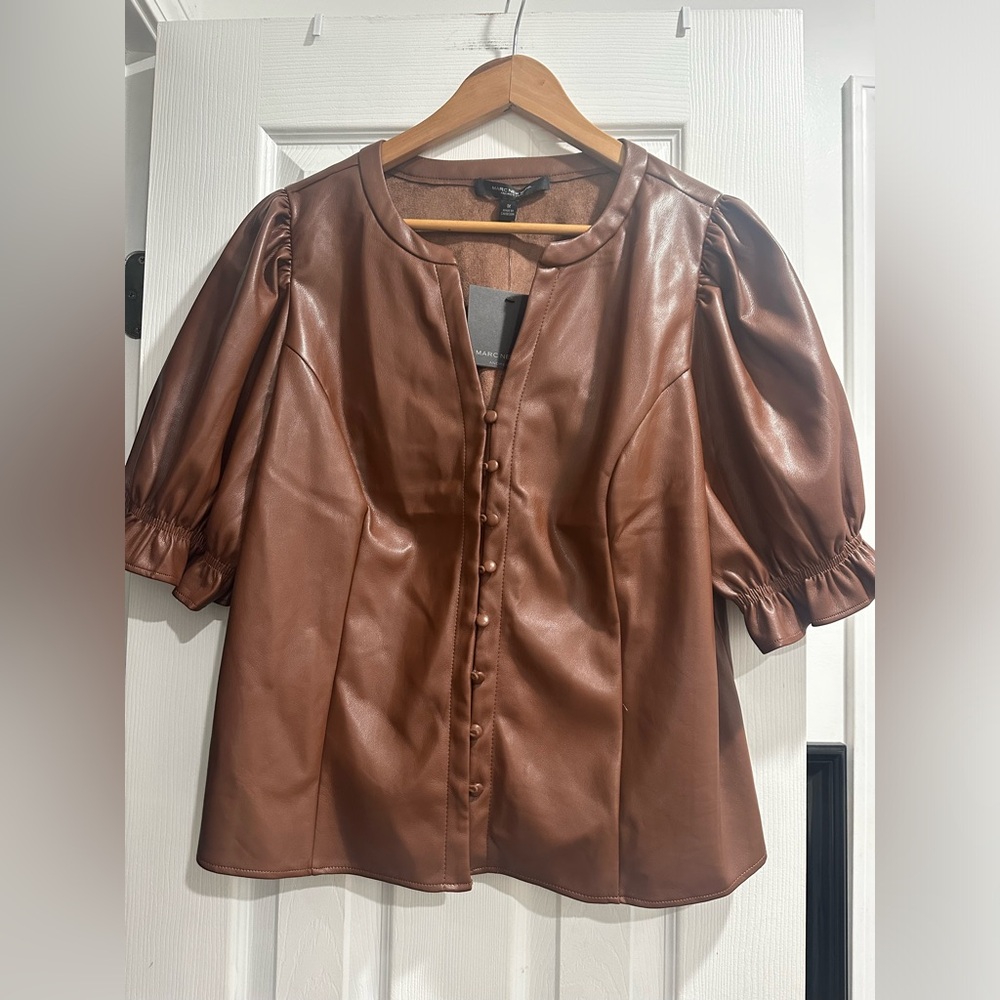 Puff-Sleeve Faux Leather Button-Front Jacket — Brown